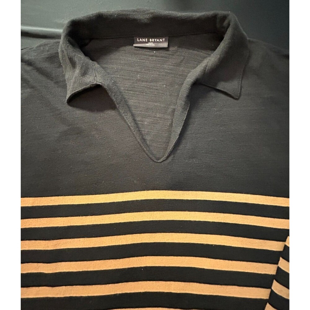 Lane Bryant Sweater 22 24 2X 3X Black Tan Colorblock Striped V Neck 100% Cotton